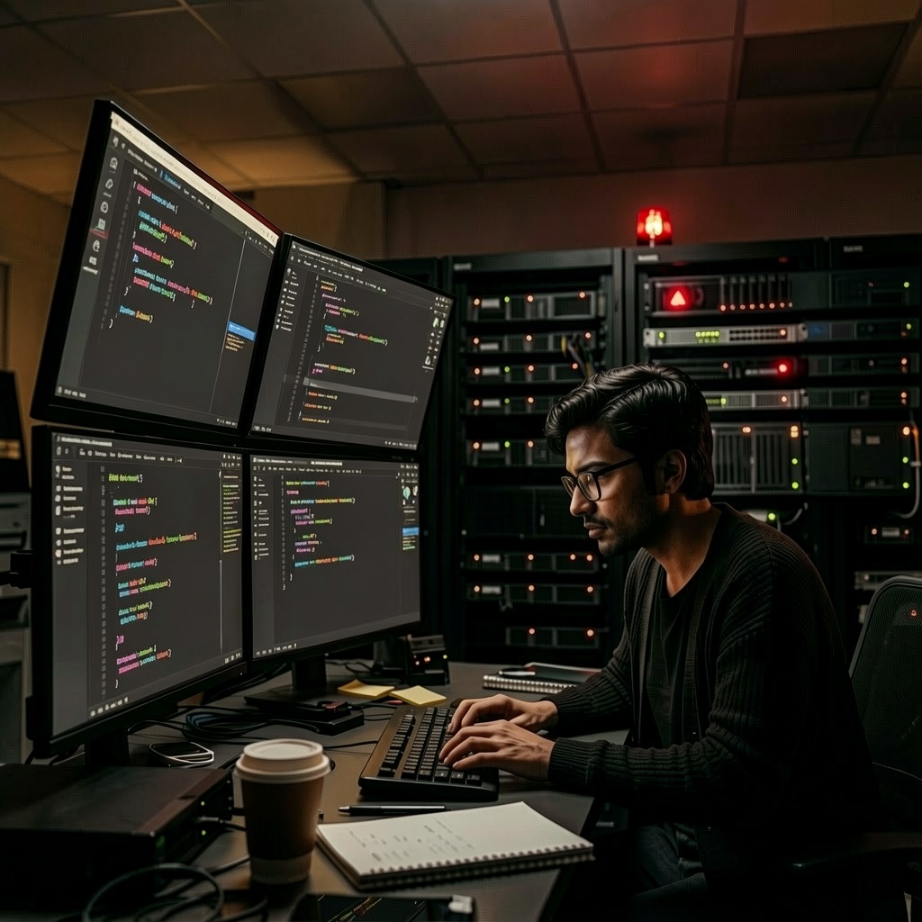 Tech professional at multiple screens